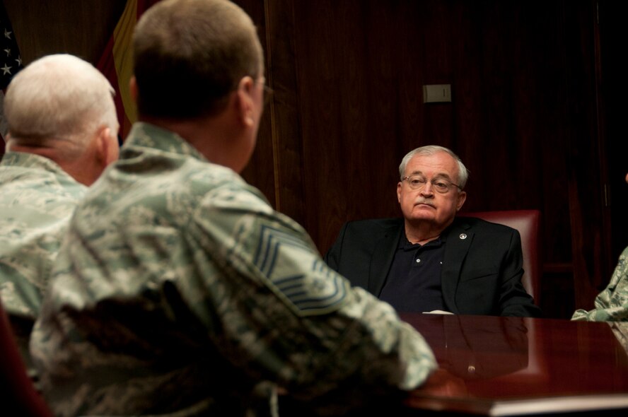 Retired Command Chief Master Sgt. Richard Smith, 9th Command Chief of the Air National Guard, listens to chiefs and first sergeants of the 162nd Fighter Wing during his visit March 9. Smith was in Tucson, AZ. for the Outstanding Airman of the Year awards ceremony. (U.S. Air Force photo by Staff Sgt. Heather Davis)