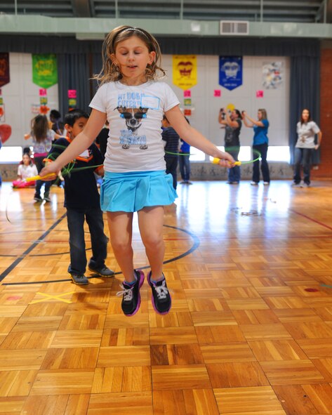 Madison Contardo, 7, jumps rope during a jump-rope-for-hearts celebration at Dyess Elementary School, March 7, 2013, in Abilene, Texas. Children at the school took turns jumping rope throughout the day to raise money for the American Heart Asociation program. The proceeds went towards heart disease research, education awareness and prevention. (U.S. Air Force photo by Airman 1st Class Cierra Presentado/ Released)
