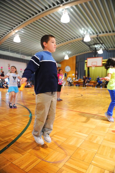 Brandon Dewitt from Dyess Elementary School jumps rope during a jump-rope-for- hearts celebration, March 7, 2013, in Abilene, Texas. During the celebration, children jumped rope to raise money for the American Heart Association. The proceeds went toward research for heart disease, awareness and prevention. (U.S. Air Force photo by Airman 1st Class Cierra Presentado/ Released)