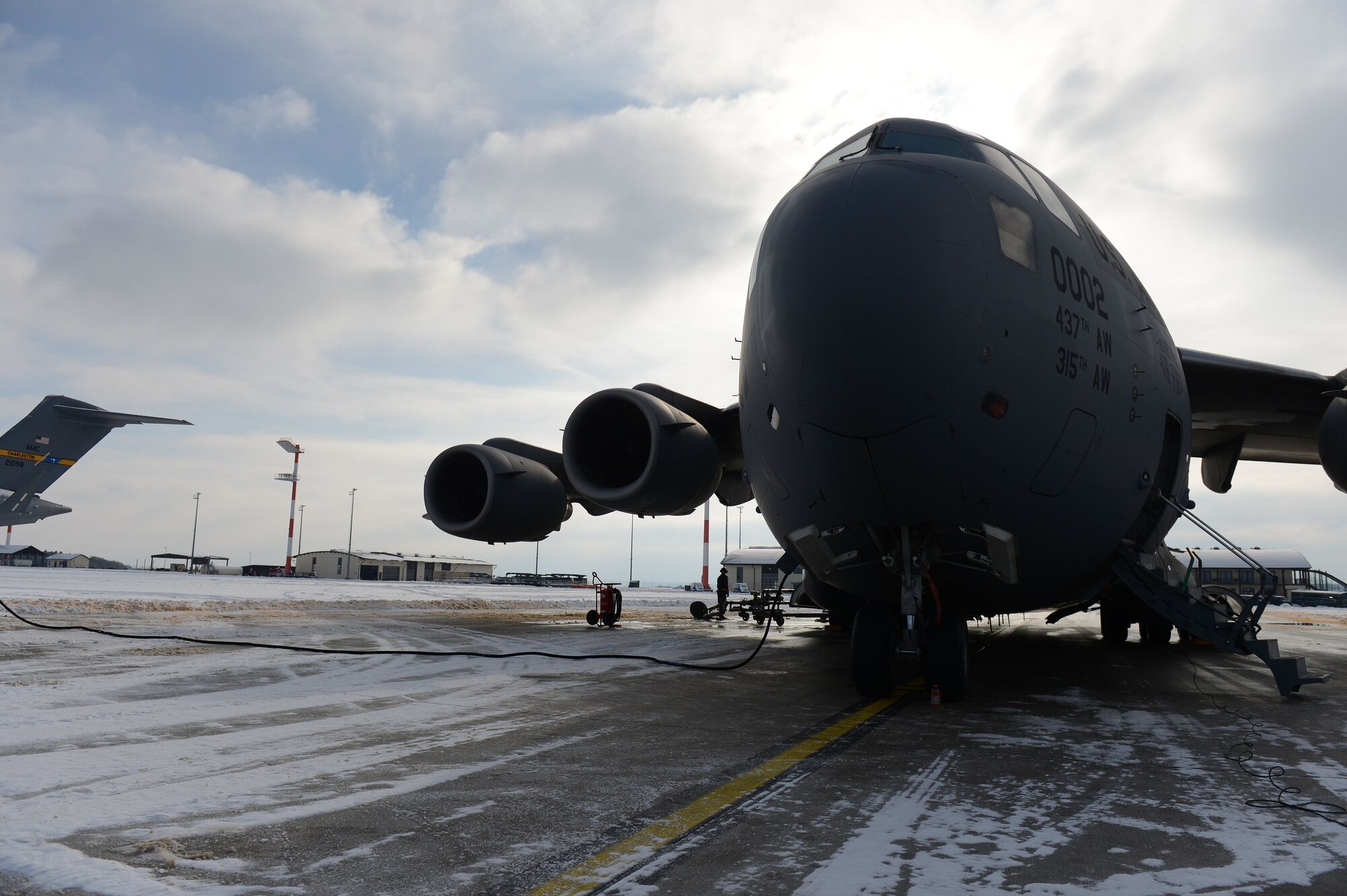 SPANGDAHLEM AIR BASE, Germany – A C-17 Globemaster III sits on the flightline March 13, 2013. Airmen from the 726th Air Mobility Squadron must perform a thorough flight inspection prior to aircraft departing. (U.S. Air Force photo by Airman 1st Class Gustavo Castillo/Released)