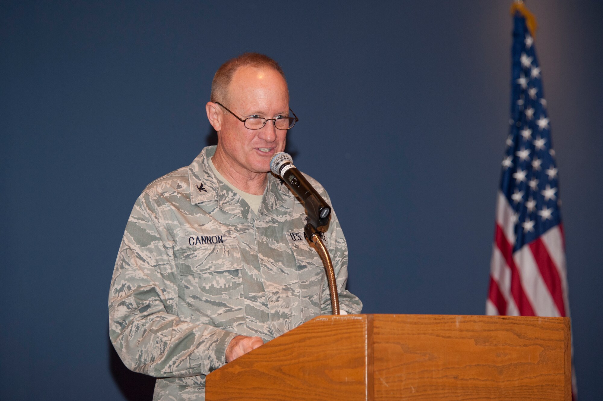 The Tyndall Chapel staff hosted the annual National Prayer Luncheon in the Horizons Community Center Ball Room B March 12, which earlier that morning was dedicated to Senior Master Sgt. Sherry Lynn Olds. Chaplain (Col.) Paul L. Cannon, Air Force Special Operations Command chaplain, Hurlburt Field, Fla., spoke at the event. (U.S. Air Force photo by Lisa Norman)
