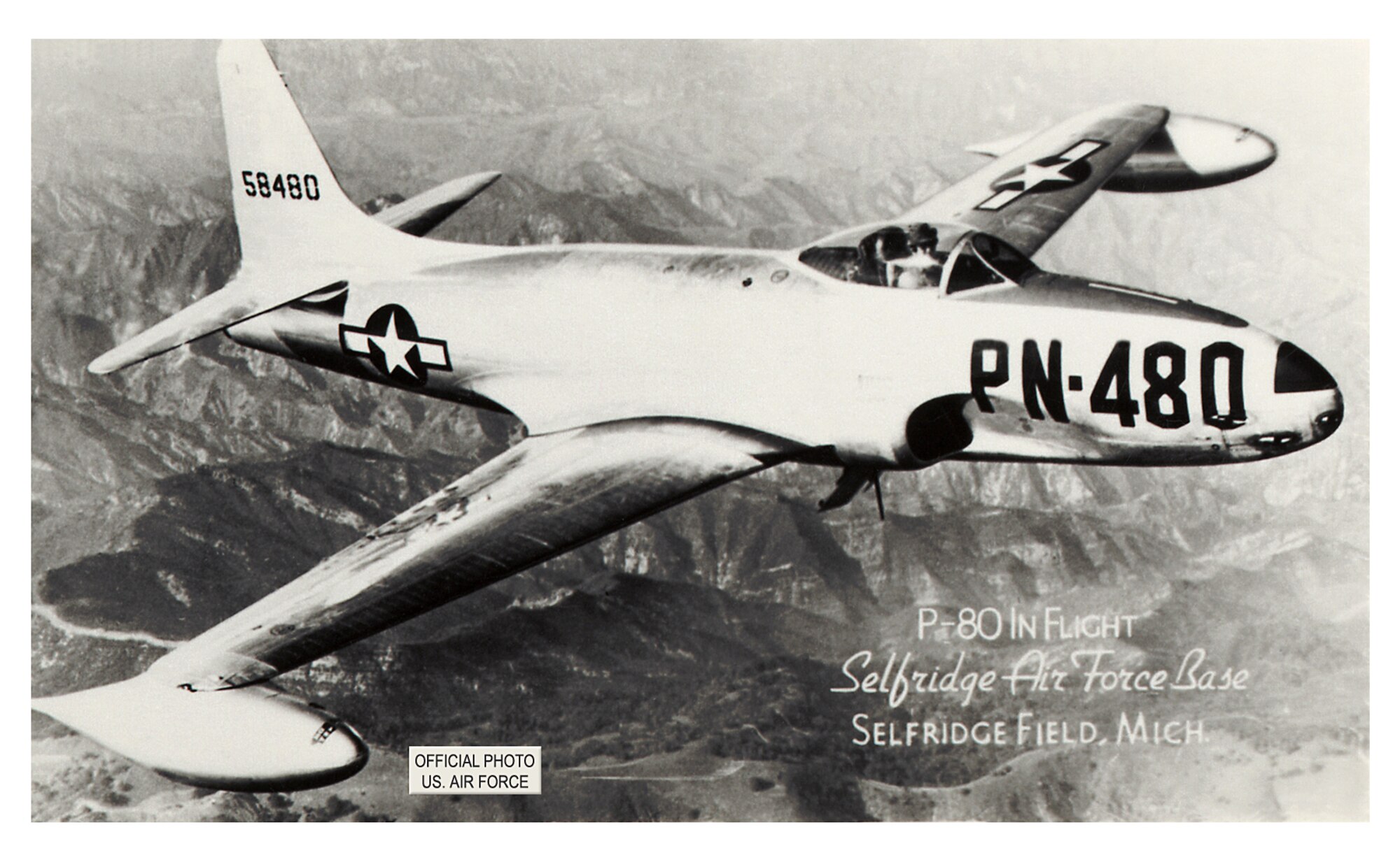 A P-80 Shooting Star from the 56th Fighter Group at Selfridge Air Force Base is seen in flight in this circa 1948 photo. Later re-designated as the F-80, a flight of these aircraft left Selfridge on July 20, 1948, to make the first transatlantic flight by a U.S. Air Force jet fighter. (U.S. Air Force photo)