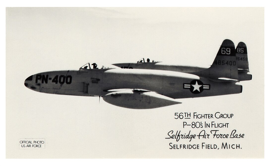 A P-80 Shooting Star from the 56th Fighter Group at Selfridge Air Force Base is seen in flight in this circa 1948 photo. Later re-designated as the F-80, a flight of these aircraft left Selfridge on July 20, 1948, to make the first transatlantic flight by a U.S. Air Force jet fighter. (U.S. Air Force photo)