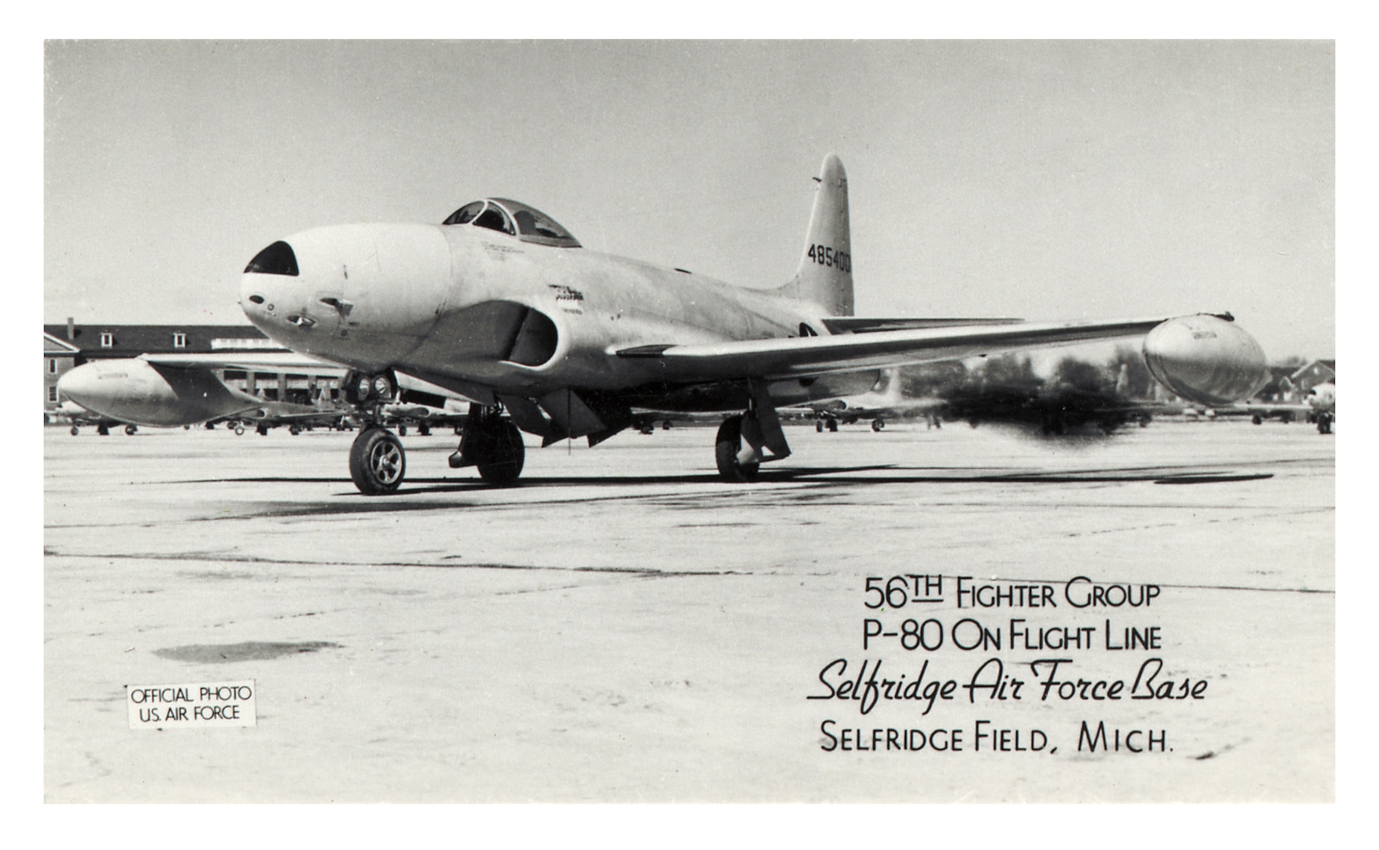 A P-80 Shooting Star from the 56th Fighter Group on the flight line at Selfridge Air Force Base is seen in this circa 1948 photo. Later re-designated as the F-80, a flight of these aircraft left Selfridge on July 20, 1948, to make the first transatlantic flight by a U.S. Air Force jet fighter. (U.S. Air Force photo)