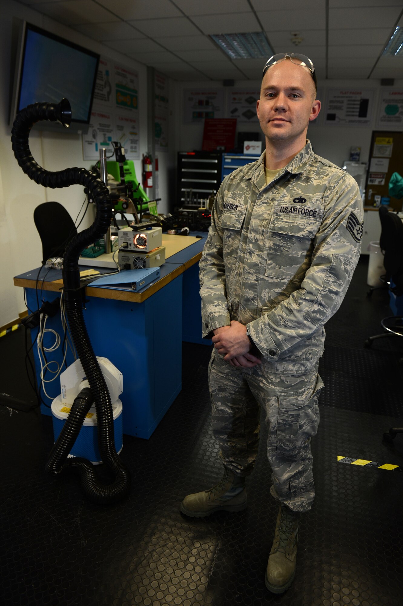 SPANGDAHLEM AIR BASE, Germany -- Staff Sgt. Will Robinson, 372nd Training Squadron Detachment 17 micro miniature soldering instructor, is the Super Saber Performer for the week of March 14 – 20. (U.S. Air Force photo by Airman 1st Class Gustavo Castillo/Released)
