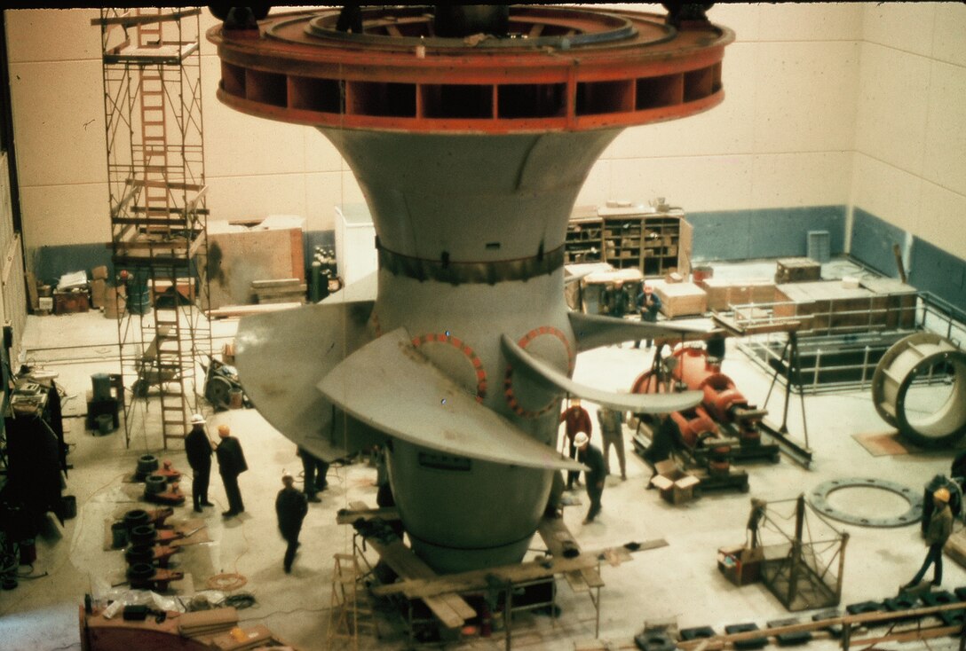 The original turbine at the Stockton Lake Power Plant is installed in the early 1970s. Significant activity will occur in the area of the plant in the spring of 2013 when it is removed and placed on permanent display near the Power Plant switchyard. 