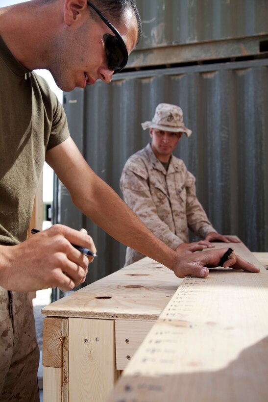 U.S. Marine Corps Lance Cpls. Grant Lee, left, and Dominic Paoletti an embarkation specialist from Purvis, Miss. and Naples, Fla., respectively, assigned to Retrograde and Redeployment in support of Reset and Reconstitution Operational Group (R4OG), measure the dimensions of a cargo box on Camp Leatherneck, Helmand province, Afghanistan, March 14, 2013. As the U.S. draws down its military presence in Afghanistan, the Marines of R4OG are charged with receiving, organizing, cleaning and redistributing the large amounts of weapons, equipment and vehicles to other Marine Corps units stateside and abroad. (U.S. Marine Corps photo by Cpl. Alejandro Pena/Released)