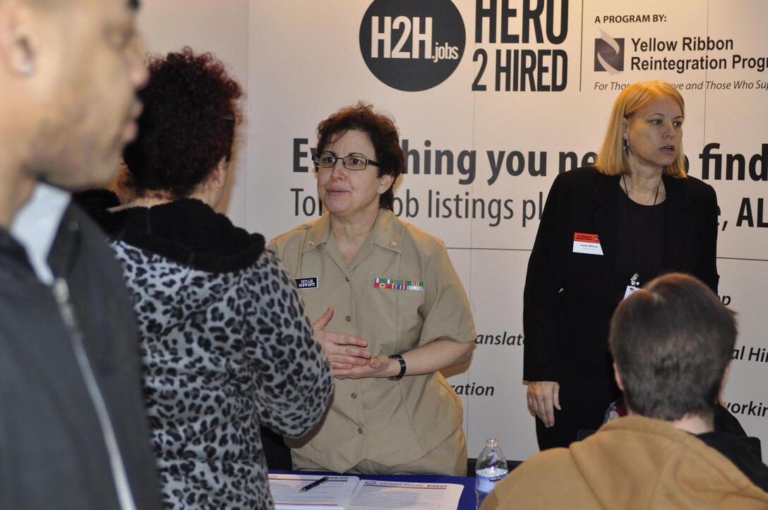 Multiple potential employers were on hand during the Individual Ready Reserve Mega Muster at the Hilton Alexandria Mark Center on March 9.  This muster is one of 10 held nationwide annually in order to meet the Marine Corps' responsibilities to ensure members of the IRR are medically capable of reintegration and that their contact information is current. 
