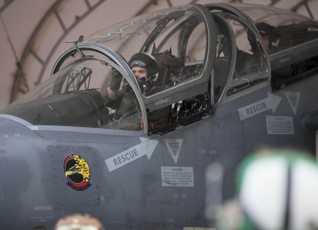 1st Lt. Donald Groves, a native of Germantown, Tenn., prepares to take flight in an AV-8B Harrier during flight training at Marine Corps Air Station Yuma, March 5. Groves, along with many other pilots from Marine Attack Training Squadron 203, travel to MCAS Yuma for optimal training ranges and weather conditions. 