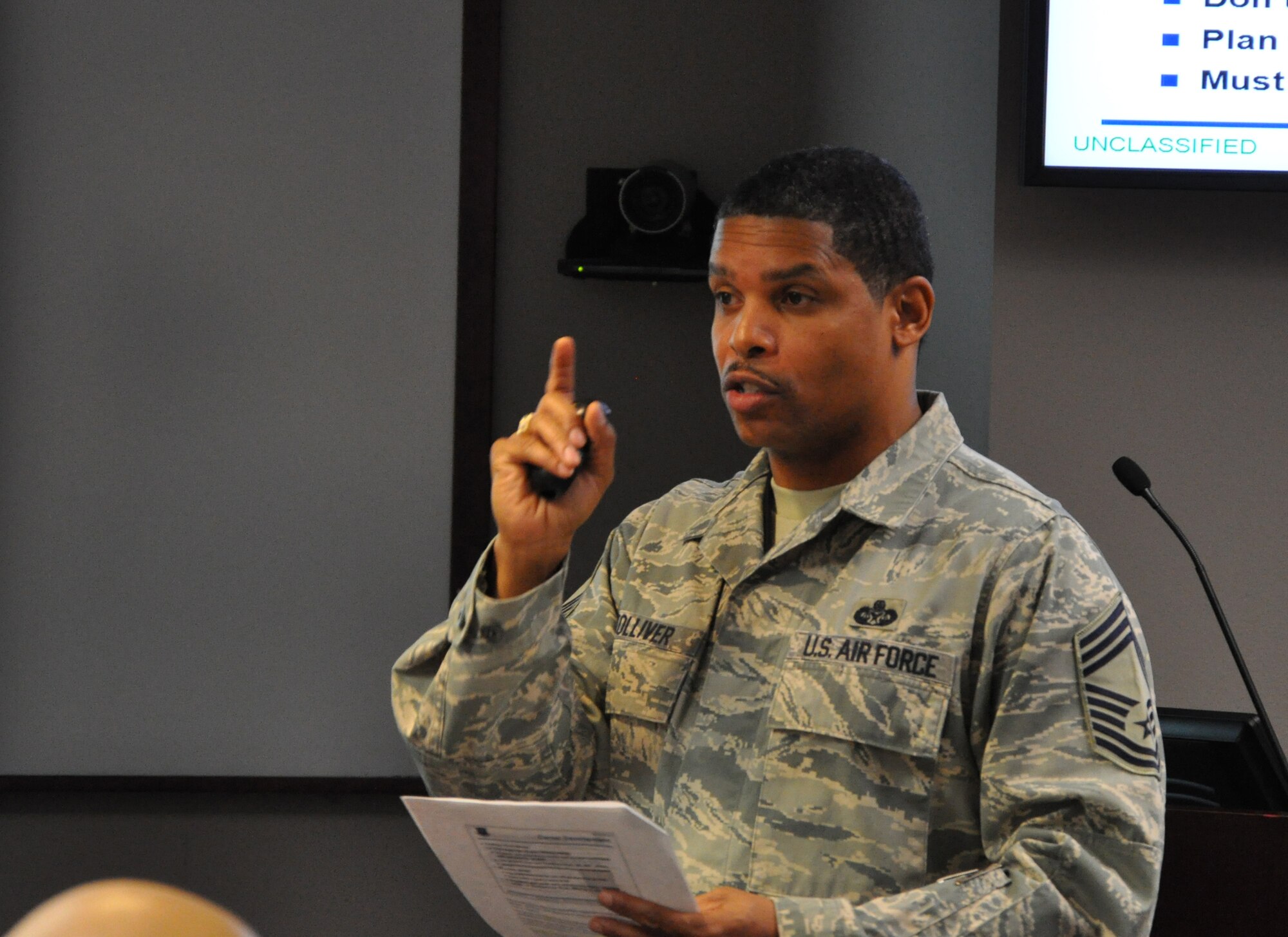 Chief Master Sgt. Larry Tolliver, Air Force Global Strike Command Judge Advocate’s office, instructs Airmen at the AFGSC HQ Staff Career Development Seminar, March 14. The seminar focused on professional training for noncommissioned officers and senior NCOs. (U.S. Air Force photo by Joseph Murray/Released)