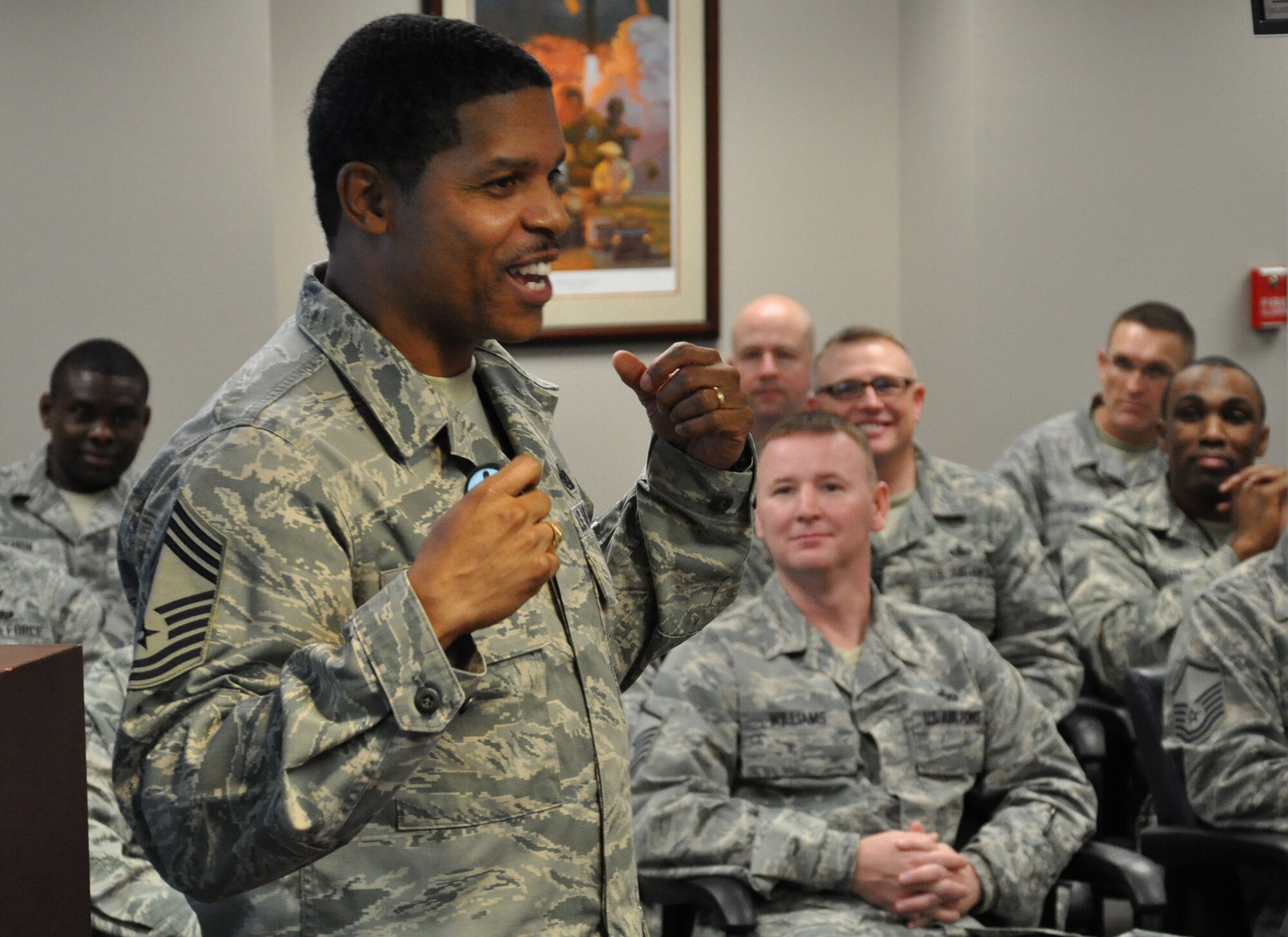 Chief Master Sgt. Larry Tolliver, Air Force Global Strike Command Judge Advocate’s office, instructs Airmen at the AFGSC HQ Staff Career Development Seminar, March 14. The seminar focused on professional training for noncommissioned officers and senior NCOs. (U.S. Air Force photo by Joseph Murray/Released)