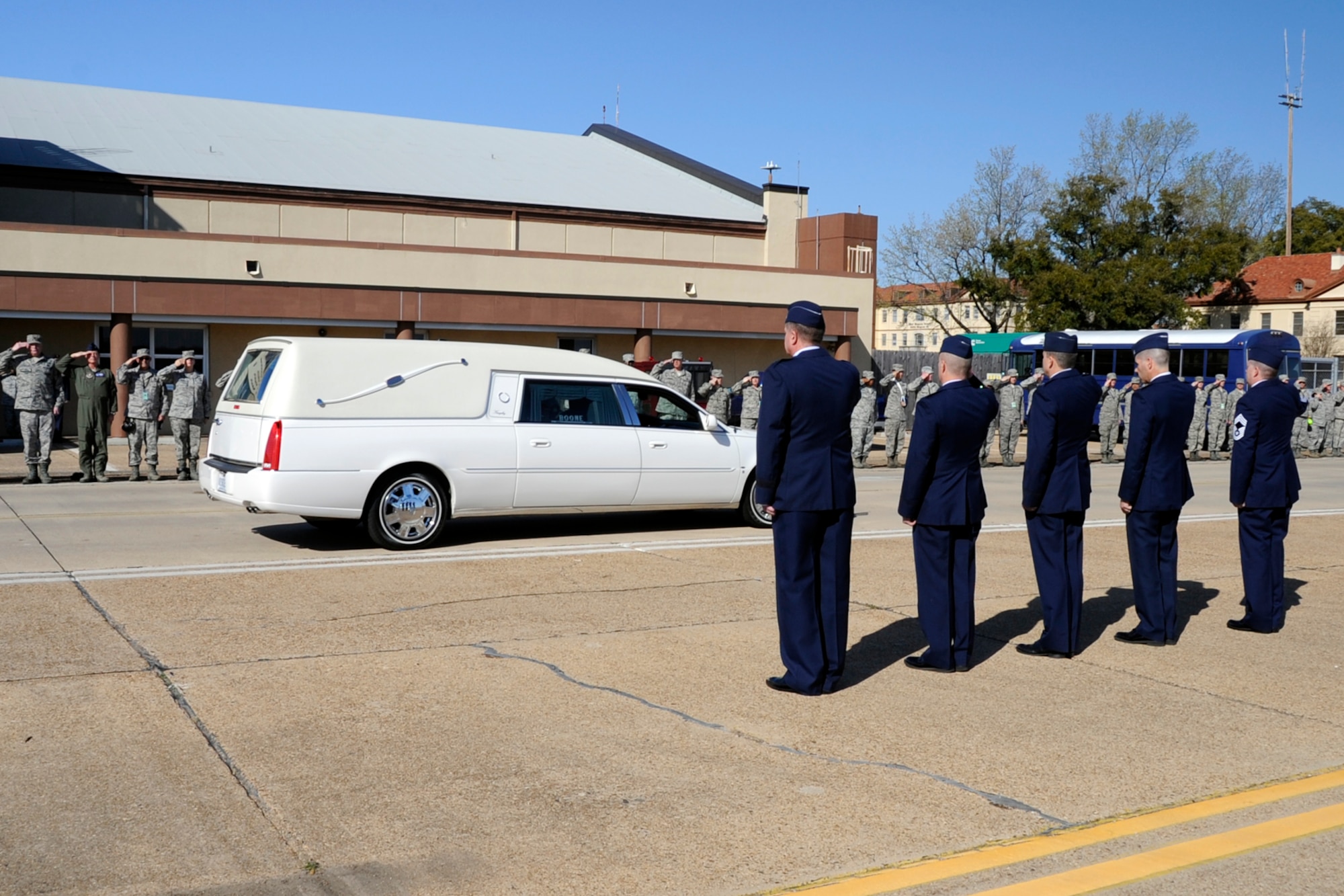 Friends, family and co-workers say their last farewells to Tech. Sgt. Larry Bunn at Barksdale Air Force Base, La., March 15, 2013. Bunn, an Air Reserve Technician assigned to the 307th Maintenance Squadron returned home for the last time. Sergeant Bunn died March 7, 2013, while deployed in support of Operation Enduring Freedom. He had been deployed to an undisclosed location in Southwest Asia since Sep 2012, and was due to return home later this month. (U.S. Air Force photo by Master Sgt. Jeff Walston)