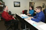 From left, Tech. Sgt. Daniel Fountain, with the 383rd Training Squadron, Senior Airman Rachel Edwards, with the 59th Medical Support Squadron and Master Sgt. Chris Braybrooke, Air Force Intelligence, Surveillance and Reconnaissance Agency, engage in a mock interview during a Transition Assistance Program workshop at the Airman & Family Readiness Center, March 7, at Joint Base San Antonio-Lackland.