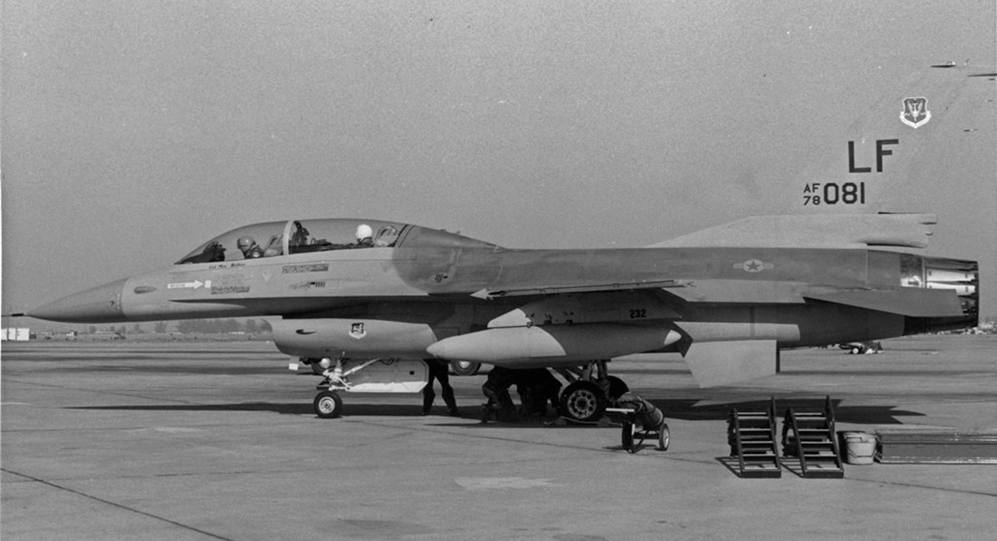 Tail number 78-0081, the first F-16 Fighting Falcon permanently assigned to Luke Air Force Base, sits on the flightline Dec. 6, 1982. (Courtesy photo)
