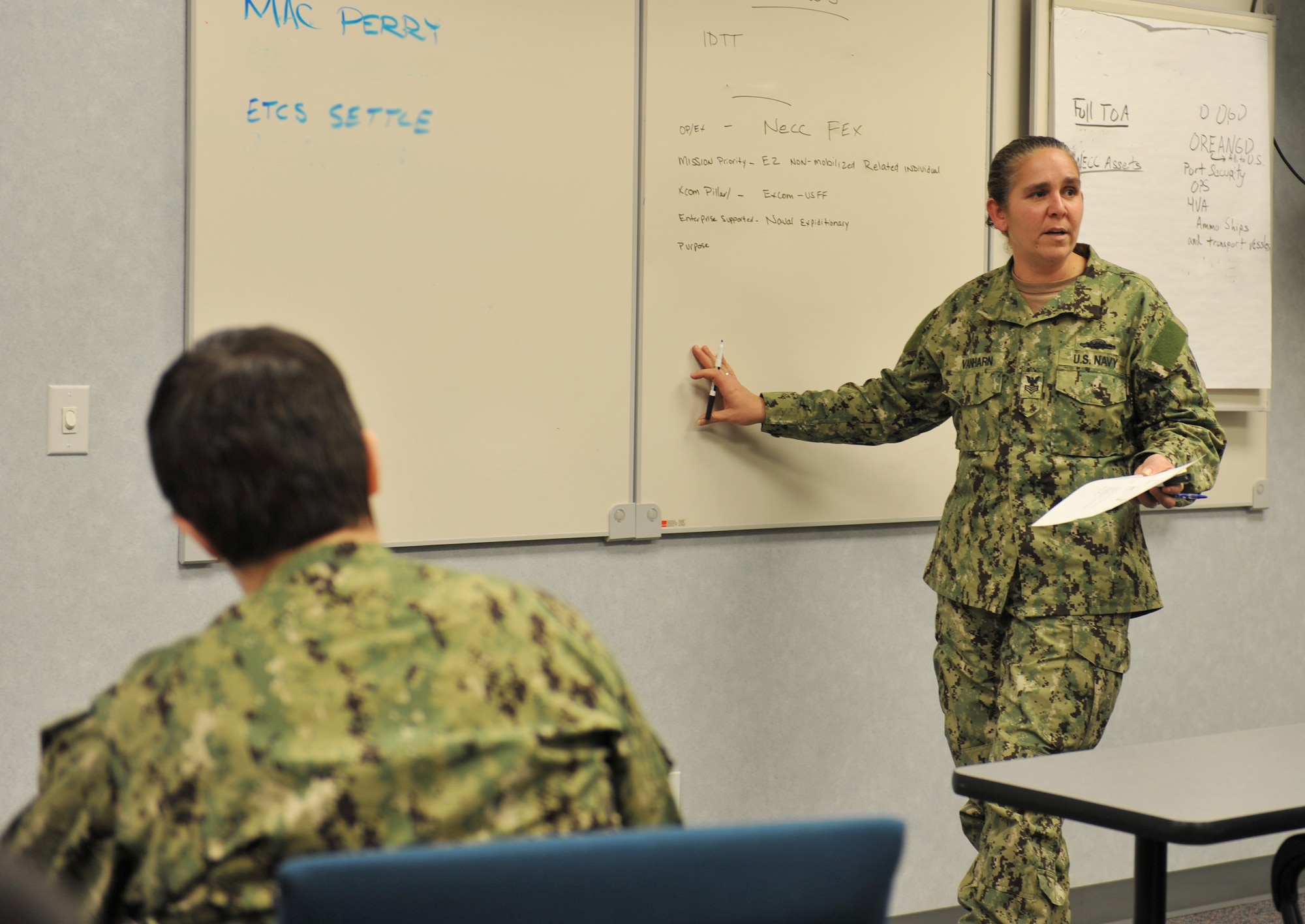 WHITEMAN AIR FORCE BASE, Mo. -- Petty Officer 1st Class Lisa Vanharn, Coastal Riverine Squadron 11, Detachment Alpha 2 information technician, provides classroom training to Naval reservists during their drill weekend, Feb. 9, 2013. Many of the security team members are gunner’s mates, masters-at-arms, logistics support personnel, information technicians or operations specialists. (U.S. Air Force photo/Heidi Hunt) (Released)