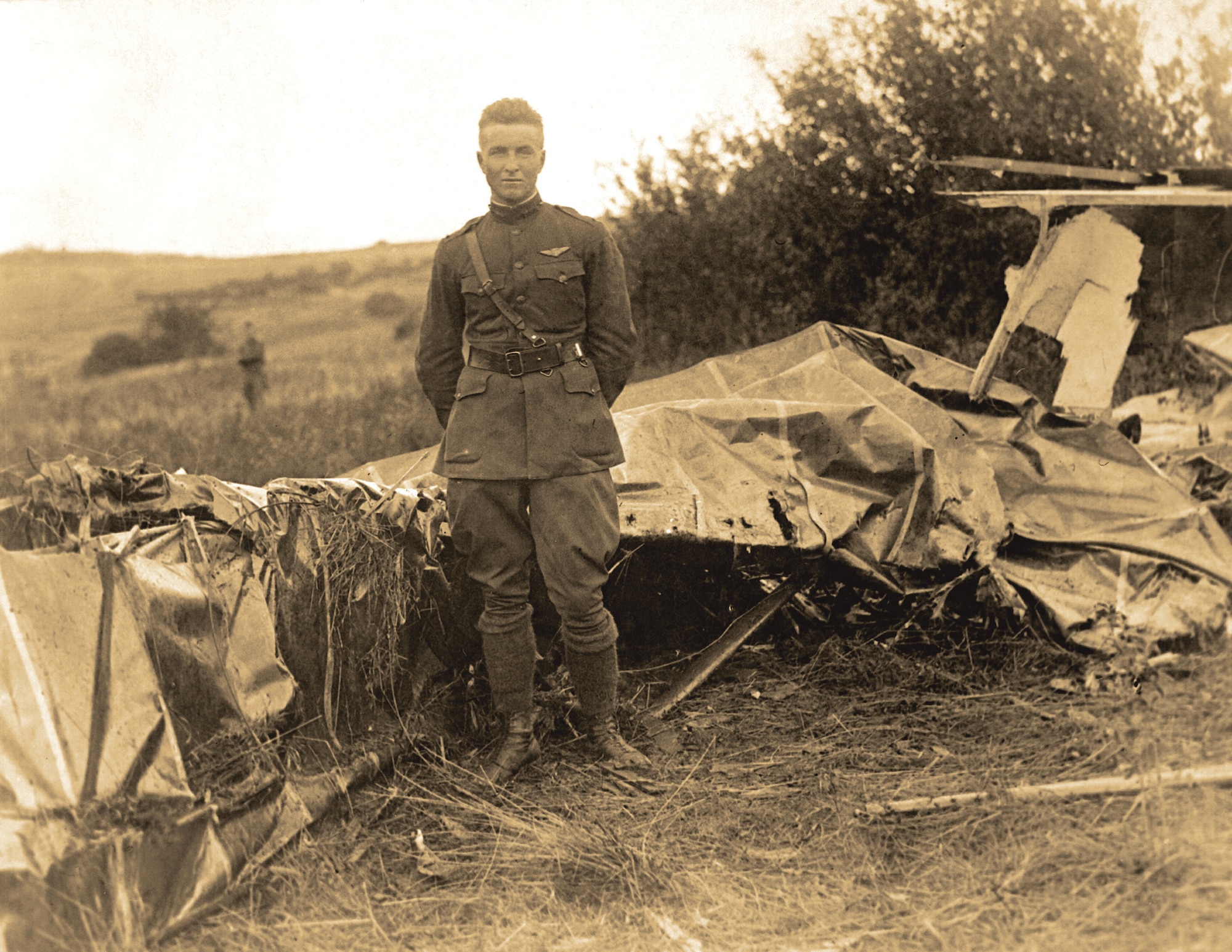 2nd Lt. Frank Luke, who was second only to Capt. Eddie Rickenbacker, referred to as the Ace of Aces of American fliers overseas, poses next to one of three German observation balloons he brought down in 30 minutes in 1918. (Courtesy photo)