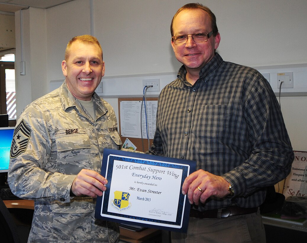 RAF MENWITH HILL, United Kingdom – Evan Streeter, 421st Air Base Group communications focal point technical lead, was named the March 501st Combat Support Wing Everyday Hero from 421st ABG. Streeter was the 421st ABG lead for the AFNet Migration at Menwith Hill, ensuring the largest contingent of users in the 501st CSW were migrated seamlessly. He also identified and developed a fix-action resolve a U.K.-wide issue regarding an inability to connect to the shared drives upon login. (U.S. Air Force photo by Staff Sgt. Amanda Dick)