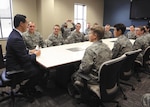 The tour of the new facilities culminated with a round-table discussion between U.S. Rep. Joaquin Castro and ten basic trainees in their seventh week of training. (U.S. Air Force photo by Robbin Cresswell/Released)