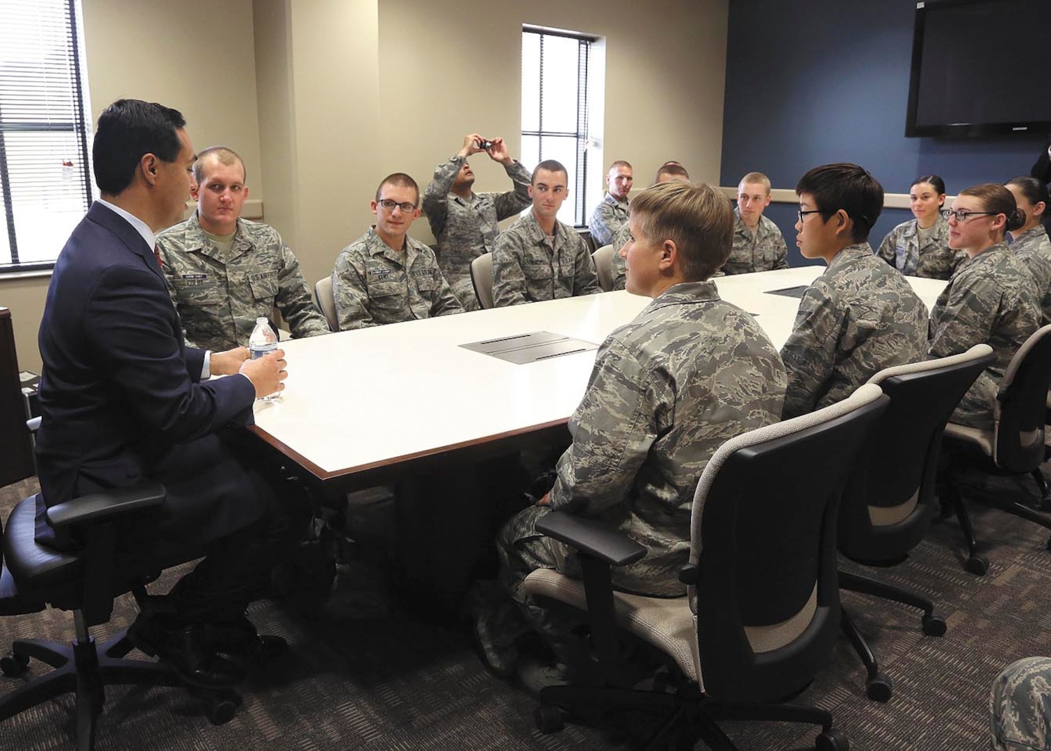 The tour of the new facilities culminated with a round-table discussion between U.S. Rep. Joaquin Castro and ten basic trainees in their seventh week of training. (U.S. Air Force photo by Robbin Cresswell/Released)