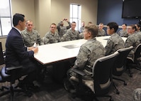 The tour of the new facilities culminated with a round-table discussion between U.S. Rep. Joaquin Castro and ten basic trainees in their seventh week of training. (U.S. Air Force photo by Robbin Cresswell/Released)