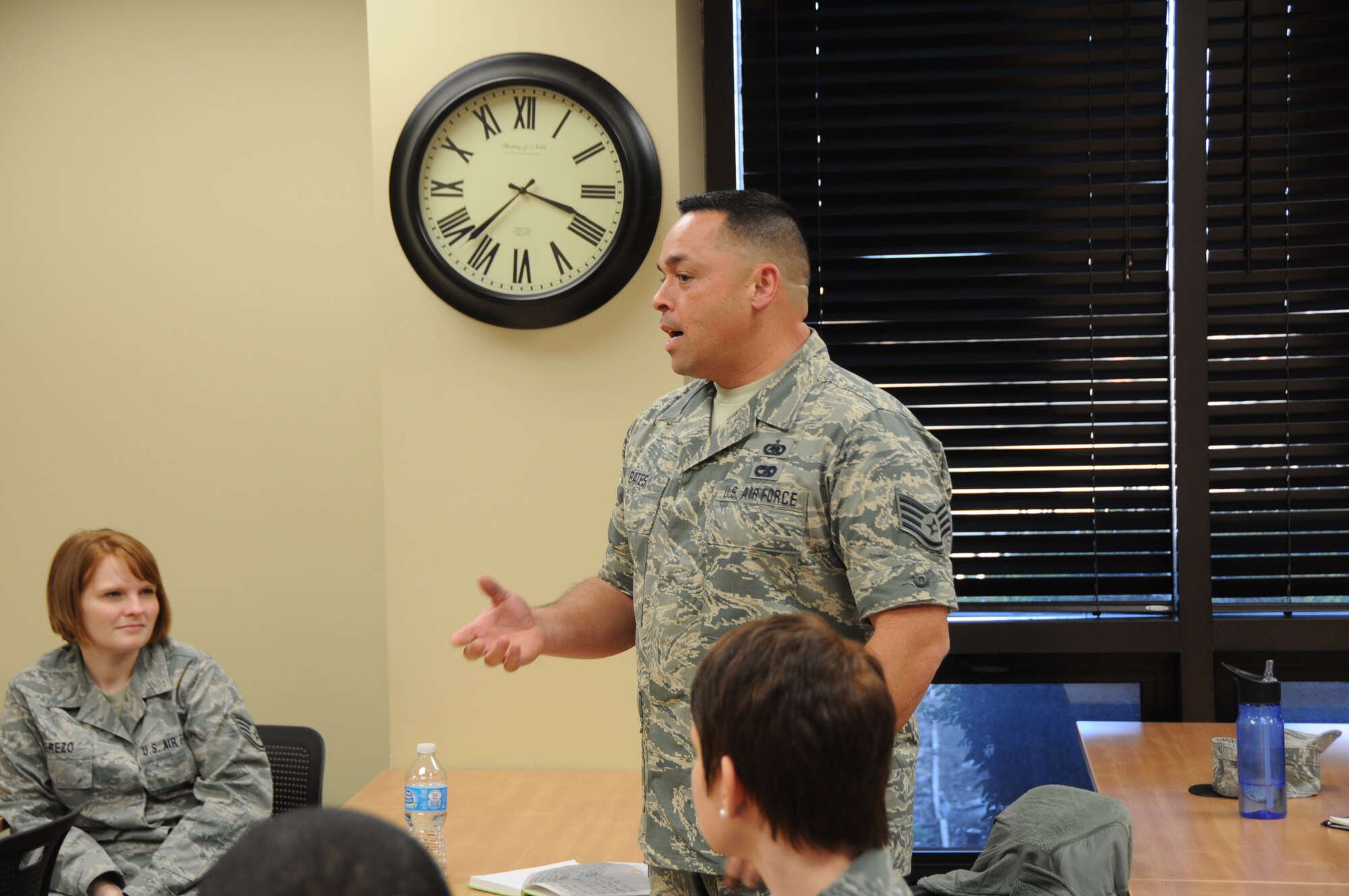 Staff Sgt. Andrew Bates, a supply technician from the 192nd Supply Chain Operations Squadron, asks a question during the “Ask a Chief” panel event held February 10, 2013.  The event was sponsored and coordinated by the 192nd FW Junior Enlisted Council. The panel provided an opportunity for airmen ranked E-6 and below to ask questions, receive feedback from the Chiefs and propose ideas that may improve the Va. Air National Guard.