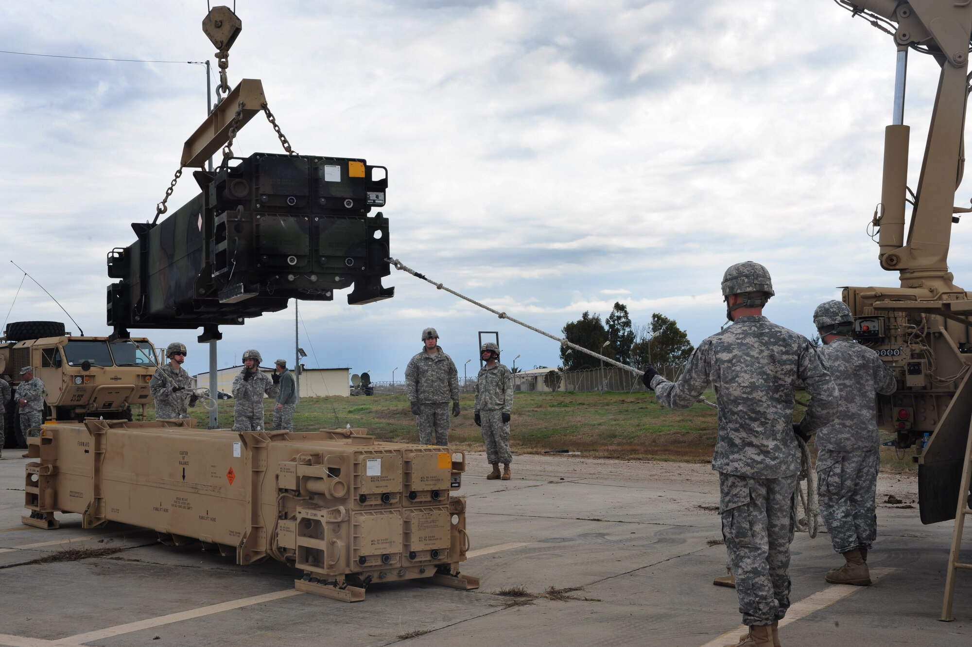 Soldiers from the 3rd Battalion, 2nd Air Defense Artillery unit, Fort Sill, Okla., raise a Patriot missile battery before loading it onto a transport Jan. 30, 2013 at Incirlik Air Base, Turkey. U.S. Army, German and Dutch forces have become an intricate part of Incirlik after the arrival of the Patriots. With the Patriot mission here, many units of the 39th Air Base Wing have increased their work load to assist in the success of the new mission. (U.S. Air Force photo by Senior Airman Anthony Sanchelli/Released)