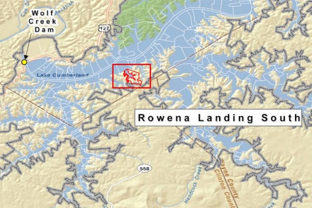 This is a map showing the location at Rowena Landing South at Lake Cumberland in Kentucky where the U.S. Army Corps of Engineers Nashville District is soliciting proposals for development and operation of a new commercial concession marina with related facilities.