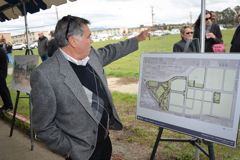 Stan Wallin of the U.S. Army Corps of Engineers Sacramento District's real estate office, points to where a new access control point will be constructed at U.S. Army Garrison Camp Parks Reserve Training center in Dublin, Calif., March 6, 2013. The district's real estate office is overseeing a 180-acre transfer of land in exchange for an estimated $66 million in modern facilities for Camp Parks over the next several years. Wallin and other representatives from the district attended a groundbreaking ceremony commemorating the first of six phases of construction, which is the largest Army Reserve real property exchange agreement in Department of Defense history.