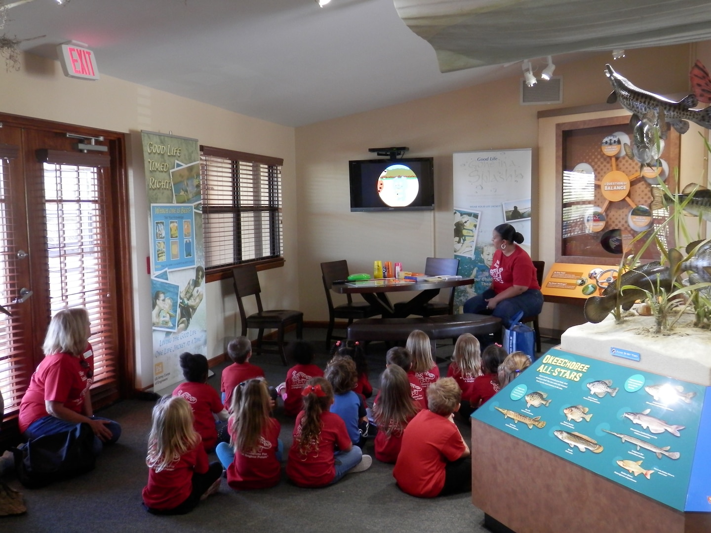 When students from the Hobe Sound Early Learning Center visited the St. Lucie Lock and playground, volunteers Richard Wagner and Wayne Quint invited them to experience the interactive exhibits at the visitor center and presented a water safety program, including a showing of the Bobber the Water Safety Dog cartoon. To read more about outreach in south Florida, click 'Story'