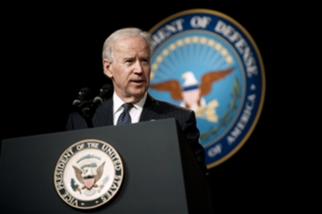 Vice President Joe Biden speaks during a welcoming ceremony for Secretary of Defense Chuck Hagel at the Pentagon, March 14, 2013.  