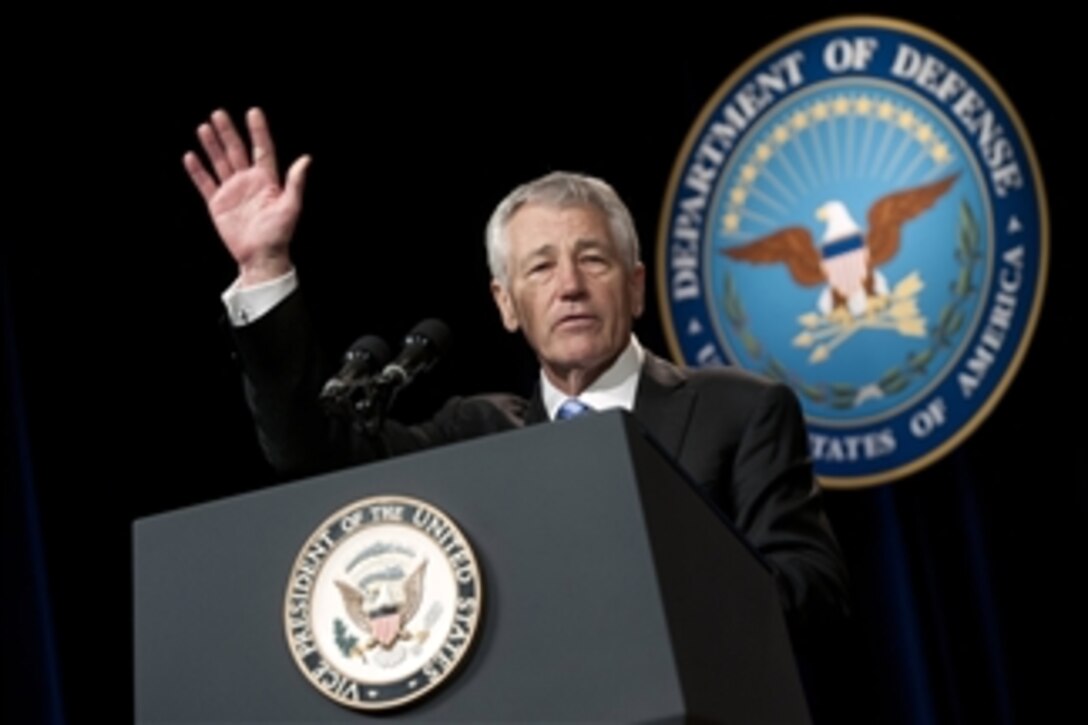 Secretary of Defense Chuck Hagel thanks the audience during a welcome and ceremonial swearing in ceremony in the Pentagon on March 14, 2013.  Vice President Joe Biden administered the oath of office earlier to Hagel as the 24th secretary of defense.  