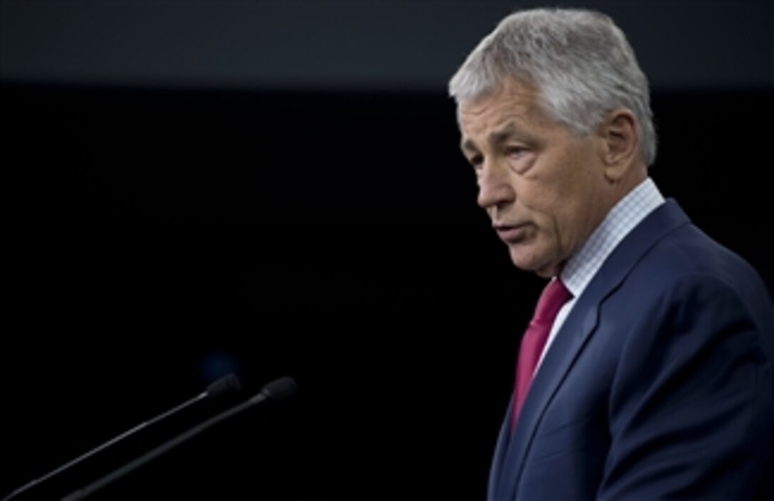 Secretary of Defense Chuck Hagel announces a change in the U.S. missile defense deployment during a Pentagon press briefing on March 15, 2013.  Hagel told reporters that the Department of Defense would increase missile defense investments in Alaska to counter the threat from North Korea.  