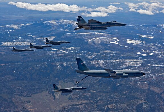 173rd Fighter Wing aircraft refuel over range space located in Eastern Oregon. (Stock photo courtesy James Hazeltine, High-G Productions.)
