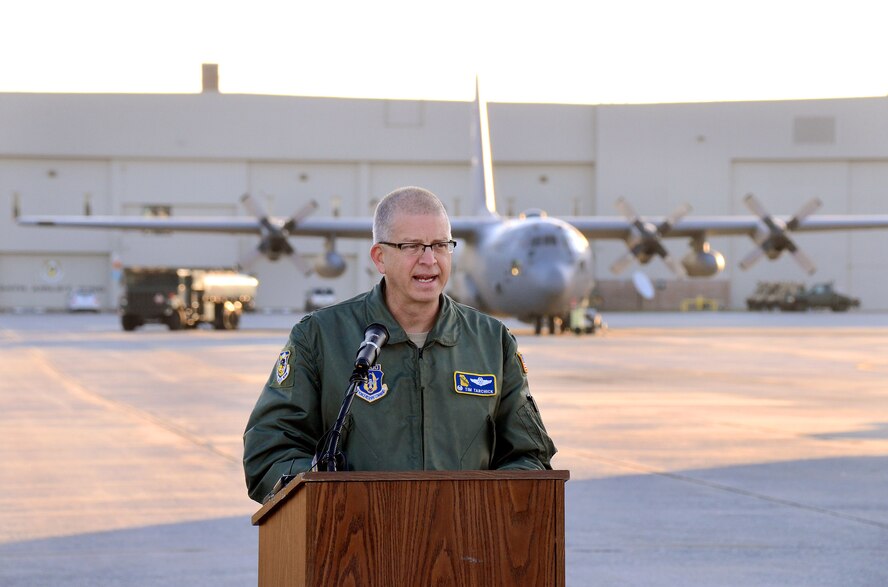 94th Airlift Wing Commander, Col. Tim Tarchick, addresses honored guests and news media at an early morning ceremony marking the relocation of the Dobbins chapel, Dobbins ARB, Ga., March. 17. To meet post-9/11 security requirements, new construction of a perimeter road and parking lot at the chapel site dictated the chapel must be removed.  The private, non-profit Dobbins Chapel Foundation, 94th Airlift Wing and Georgia National Guard arrived at a solution at no cost to the government, to move the historic chapel across the base. (U.S. Air Force photo/Brad Fallin)