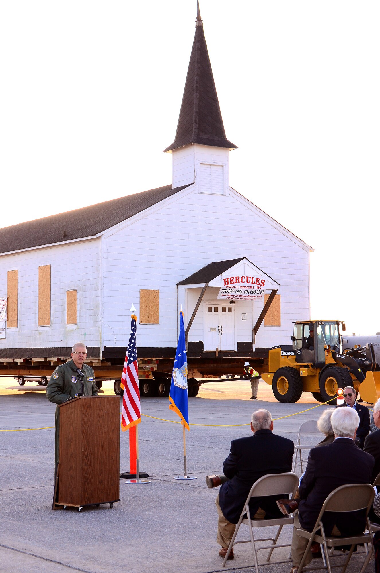 94th Airlift Wing Commander, Col. Tim Tarchick, addresses honored guests and news media at an early morning ceremony marking the relocation of the Dobbins chapel, Dobbins ARB, Ga., March. 17. To meet post-9/11 security requirements, new construction of a perimeter road and parking lot at the chapel site dictated the chapel must be removed.  The private, non-profit Dobbins Chapel Foundation, 94th Airlift Wing and Georgia National Guard arrived at a solution at no cost to the government, to move the historic chapel across the base. (U.S. Air Force photo/Brad Fallin)