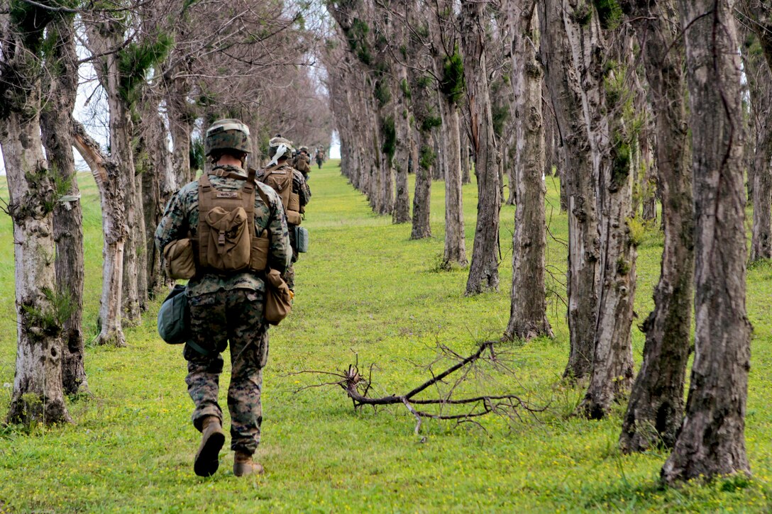 Marines with Company C., Battalion Landing Team 1st Battalion, 5th Marines, 31st Marine Expeditionary Unit, patrol toward an airfield during a helicopter assault here, March 13. The 31st MEU’s “Helo Company” conducted the attack at an airfield with a small collection of structures defended by more than a dozen role players. The scenario was part of the 31st MEU’s Certification Exercise, prepared and evaluated by Special Operations Training Group, III Marine Expeditionary Force. The 31st MEU is the only continuously forward-deployed MEU and is the Marine Corps’ force in readiness in the Asia-Pacific region.