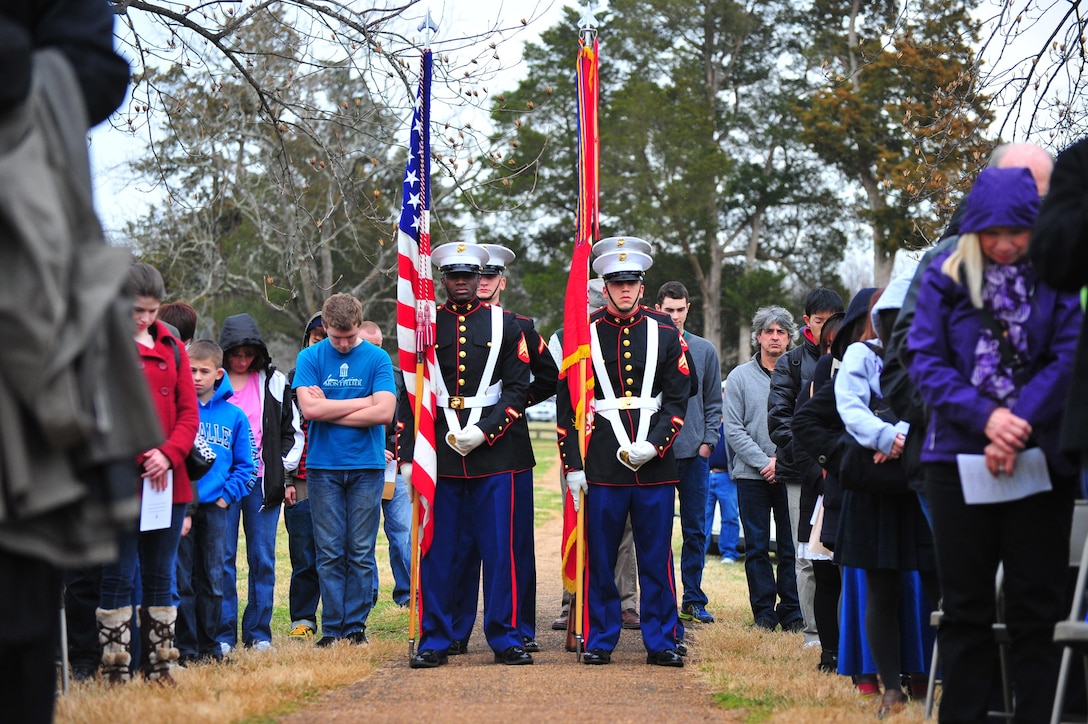 The Marine Corps Base Quantico color guard stands ready amidst a crowd of praying onlookers at the 262nd anniversary of former president James Madison's birth on March 16.
Col. David Maxwell, Marine Corps Base Quantico base commander, was designated as the President Barack Obamas' representative for the official wreath laying ceremony in honor of the  Madison, the 4th president of the United States, is known as the Father of the Constitution, because of his pivotal role in the document's drafting.