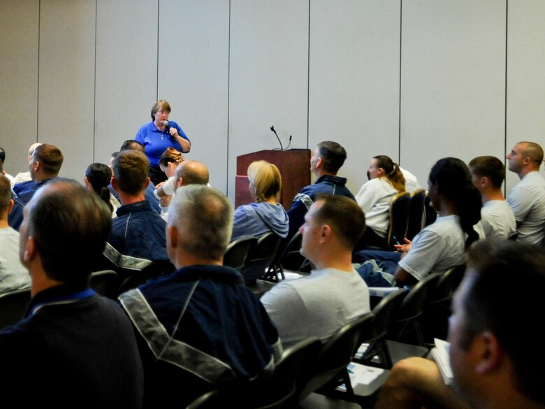 VANDENBERG AIR FORCE BASE, Calif. – Donna Rathbun, 30th Space Wing Sexual Assault Research Center manager, speaks about interpersonal relationships to Airmen during Wingman Day at the Pacific Coast Club here Friday, March 15, 2013. Wingman Day events gave more than 4,000 Team V members the opportunity to interact with one another and to learn about different topics such as branding yourself and interpersonal relationships. (U.S. Air Force photo/Airman Yvonne Morales)