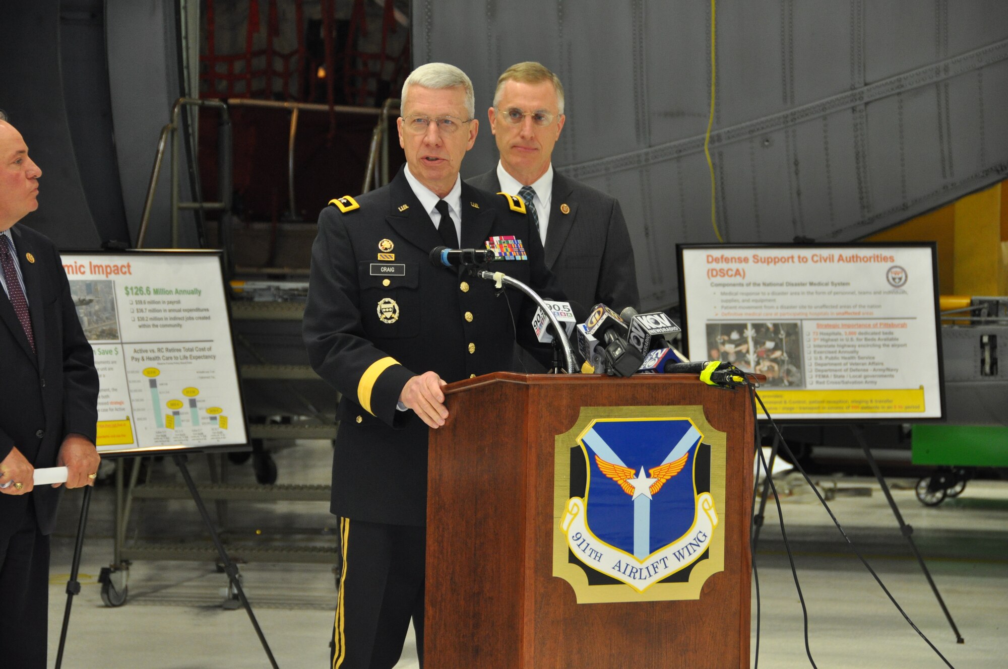 Maj. Gen. Wesley E. Craig, Adjutant General for the Pennsylvania National Guard, addressed local congressional leaders and members of the 911th Airlift Wing during a press conference held to discuss the reprieve from closure, March 18, 2013. A week earlier, the results of the Intra-theater working group were announced, restoring all eight of the 911th AW’s aircraft and leaving the base to remain open.  
 (U.S. Air Force photo by Tech. Sgt. Jamie L. Perry/Released)
