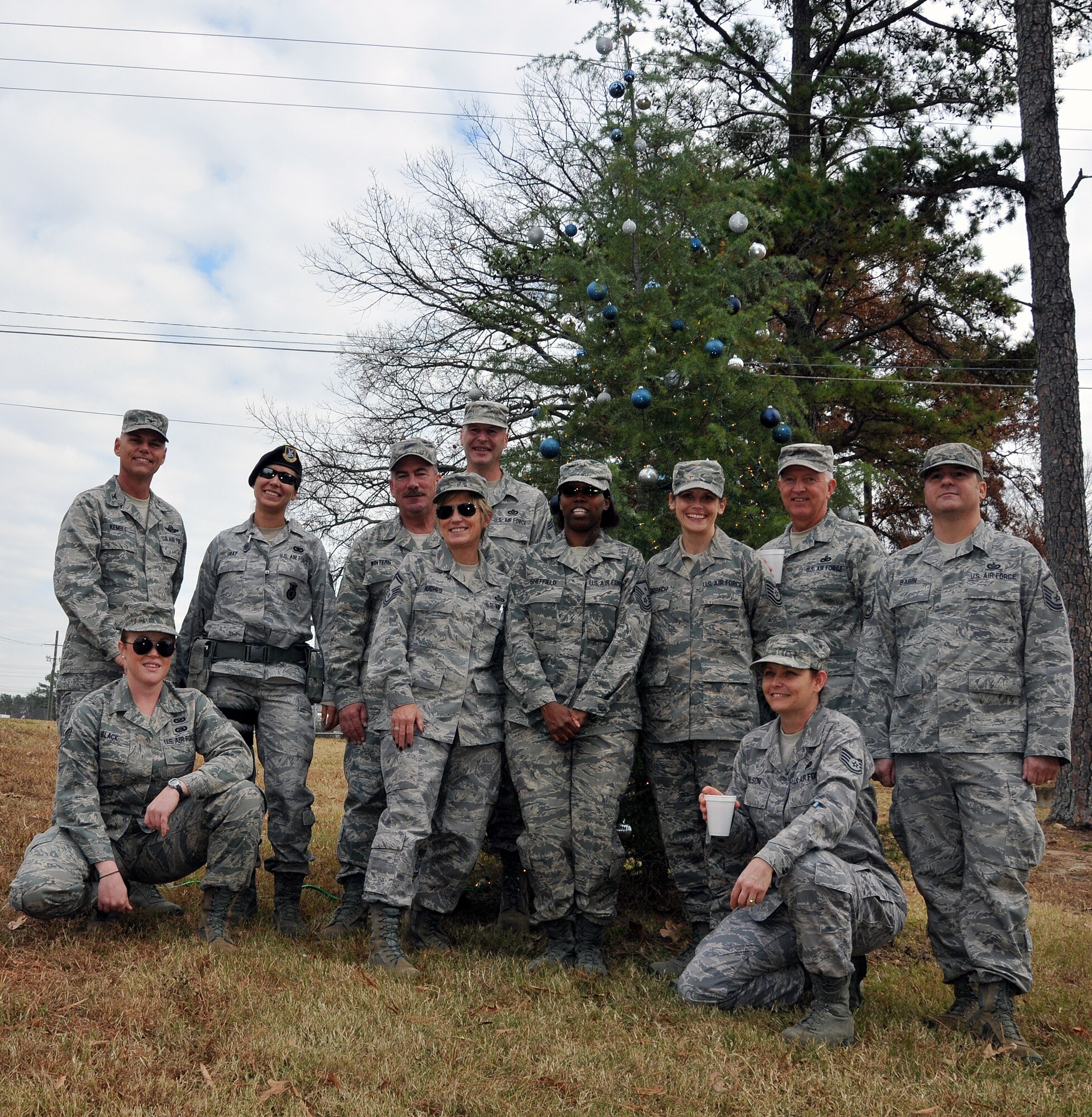 Members of the First Four, on behalf of Chief Master Sgt. Wendell Peacock, 94th Airlift Wing command chief, invited Dobbins Air Reserve Base personnel out to decorate the base holiday tree near the front gate, Nov. 30.(U.S. Air Force photo/Senior Airman Elizabeth Van Patten)