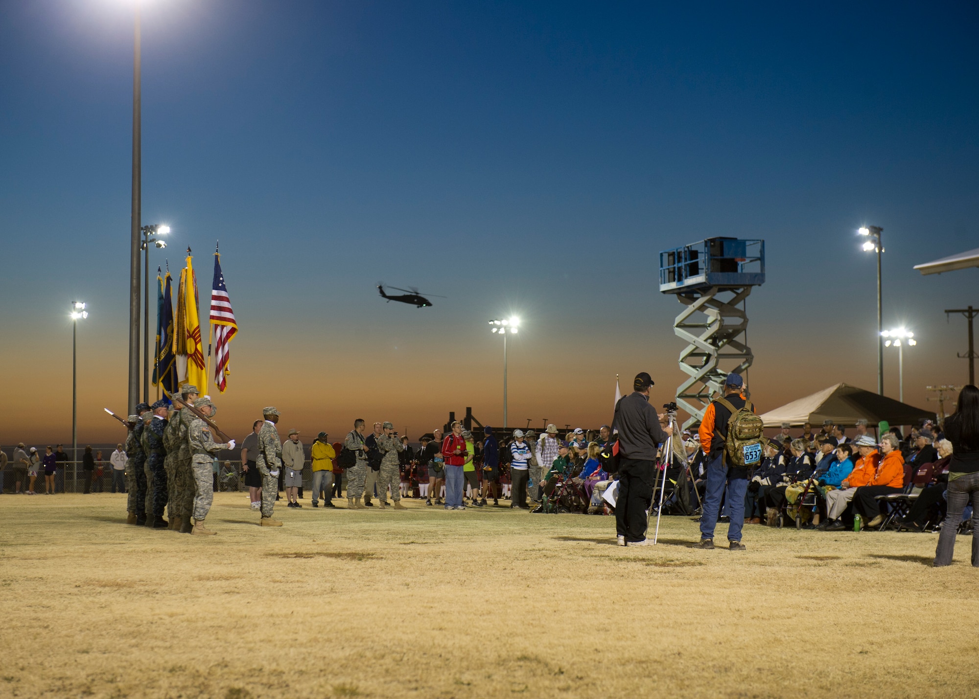 U.S. Army service members post the colors at the opening ceremony of the 24th annual Bataan Memorial Death March at White Sands Missile Range, N.M., March 17. More than 5,800 people from across the world participated in the 26.2 mile memorial march to honor the 76,000 prisoners of war who were forced to endure marching nearly 80 miles under brutal conditions during World War II. (U.S. Air Force Photo by Airman 1st Class Michael Shoemaker/Released)