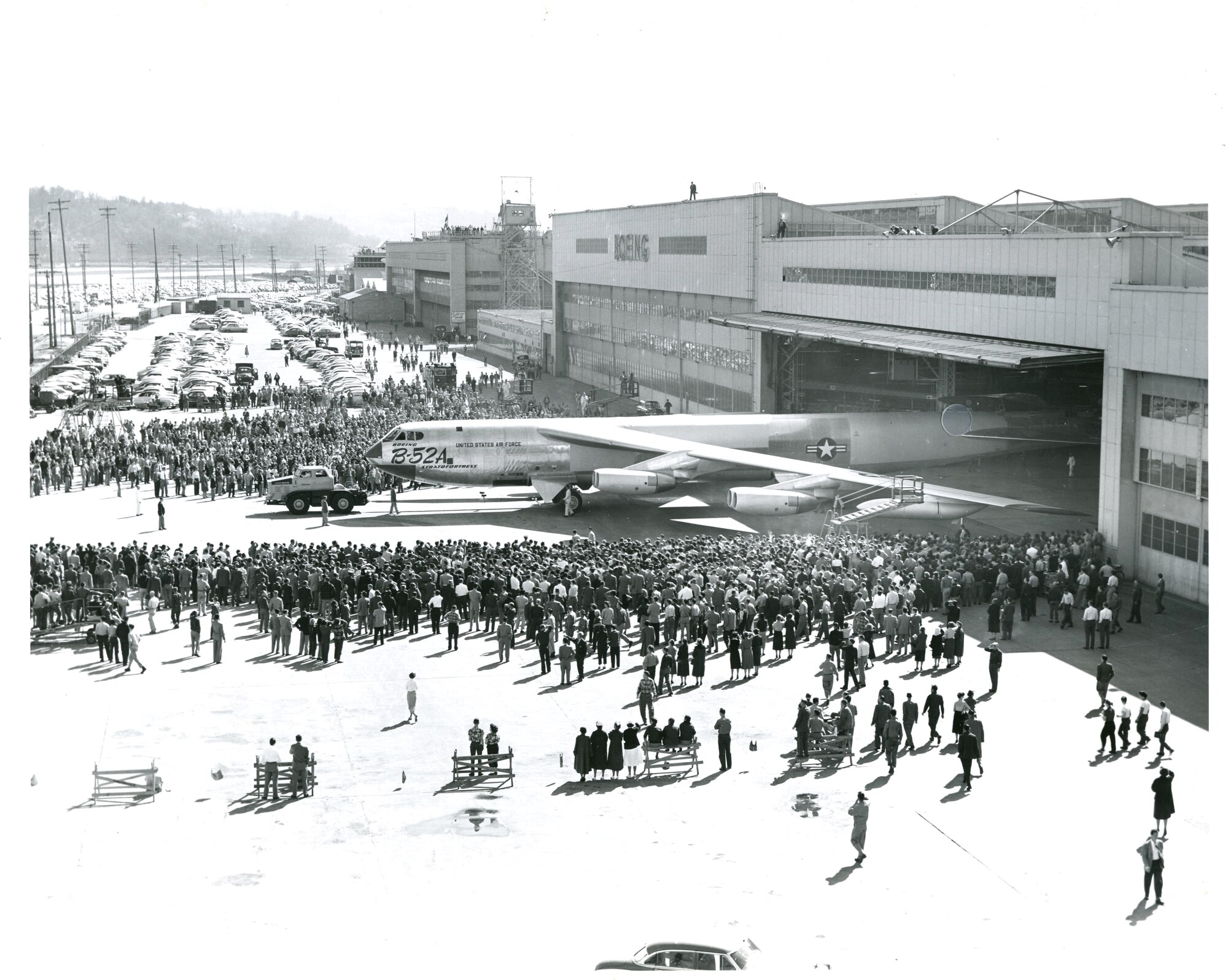 The first version of the Boeing Stratofortress, the B-52A, rolls off of the 
production line in Seattle, March 18, 1954. (Photo courtesy of Boeing Co.)
