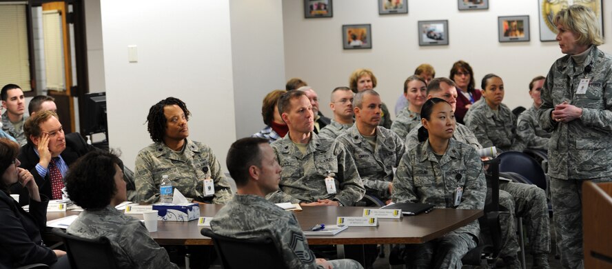 Col. Susan Pietrykowski, 28th Medical Group commander, explains the 28th MDG’s mission to a group of surveyors from the Accreditation Association of Ambulatory Health Care during an orientation meeting held in the 28th MDG at Ellsworth Air Force Base, S.D., March 12, 2013. The surveyors came to Ellsworth to conduct a three-day-long inspection designed to help the professionals of the 28th MDG improve and enhance the quality and effectiveness of healthcare they provide. (U.S. Air Force photo by Airman 1st Class Hrair H. Palyan/Released)