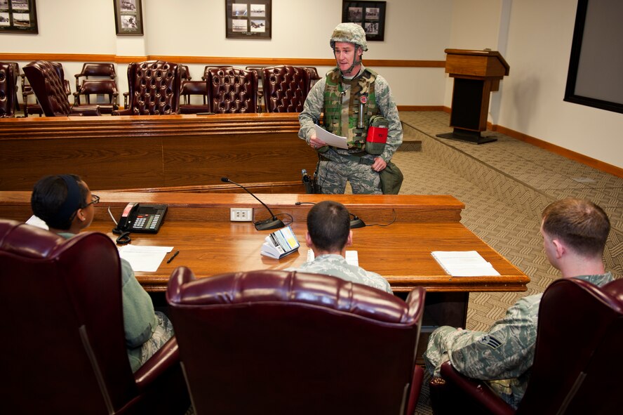 Col. John Pearse, 8th Fighter Wing commander, answers questions during a mock press conference at Kunsan Air Base, Republic of Korea, Mar. 18, 2013. The conference was part of exercise Beverly Midnight 13-2 and assessed the wing’s ability to respond to media inquiries. (U.S. Air Force photo by Staff Sgt. Jonathan Fowler/Released)