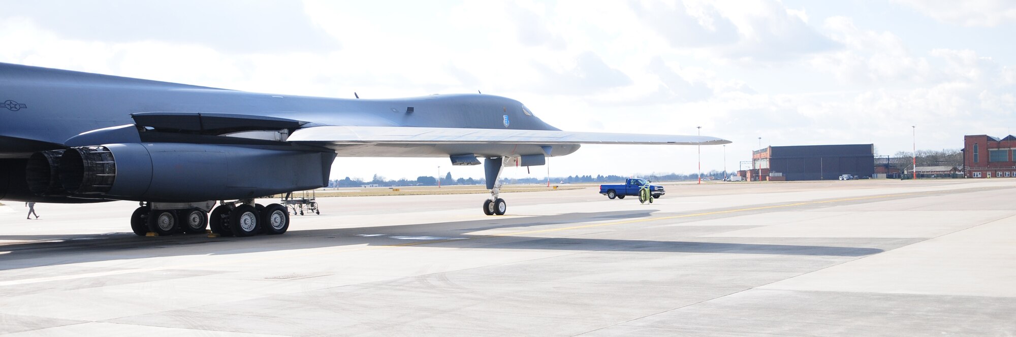 A transient B-1B Lancer from the 28th Bomb Wing, Ellsworth Air Force Base, S.D., sits on the RAF Mildenhall flightline March 14, 2013. The B-1B Lancer is a multi-mission bomber, capable of carrying the largest payload of both guided and unguided weapons in the U.S. Air Force inventory. The platform has global reach capability and can deliver up to a 75,000 pound (34,019 kilogram) payload. (U.S. Air Force Photo by Karen Abeyasekere/Released)