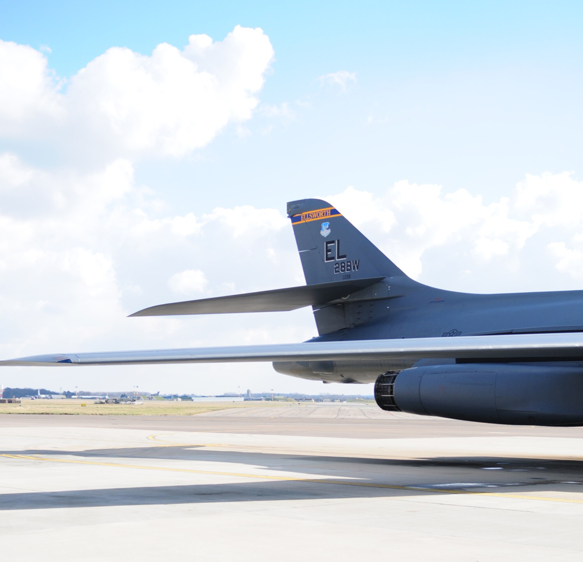 A transient B-1B Lancer from the 28th Bomb Wing, Ellsworth Air Force Base, S.D., sits on the RAF Mildenhall flightline March 14, 2013. The B-1B Lancer is a supersonic bomber capable of delivering up to a 75,000 pound (34,019 kilogram) payload. The Lancer is used by the U.S. Air Force as a global reach multi-purpose bomber and can rapidly deliver precision and non-precision weapons against any adversary, anywhere in the world, at any time. (U.S. Air Force Photo by Karen Abeyasekere/Released)