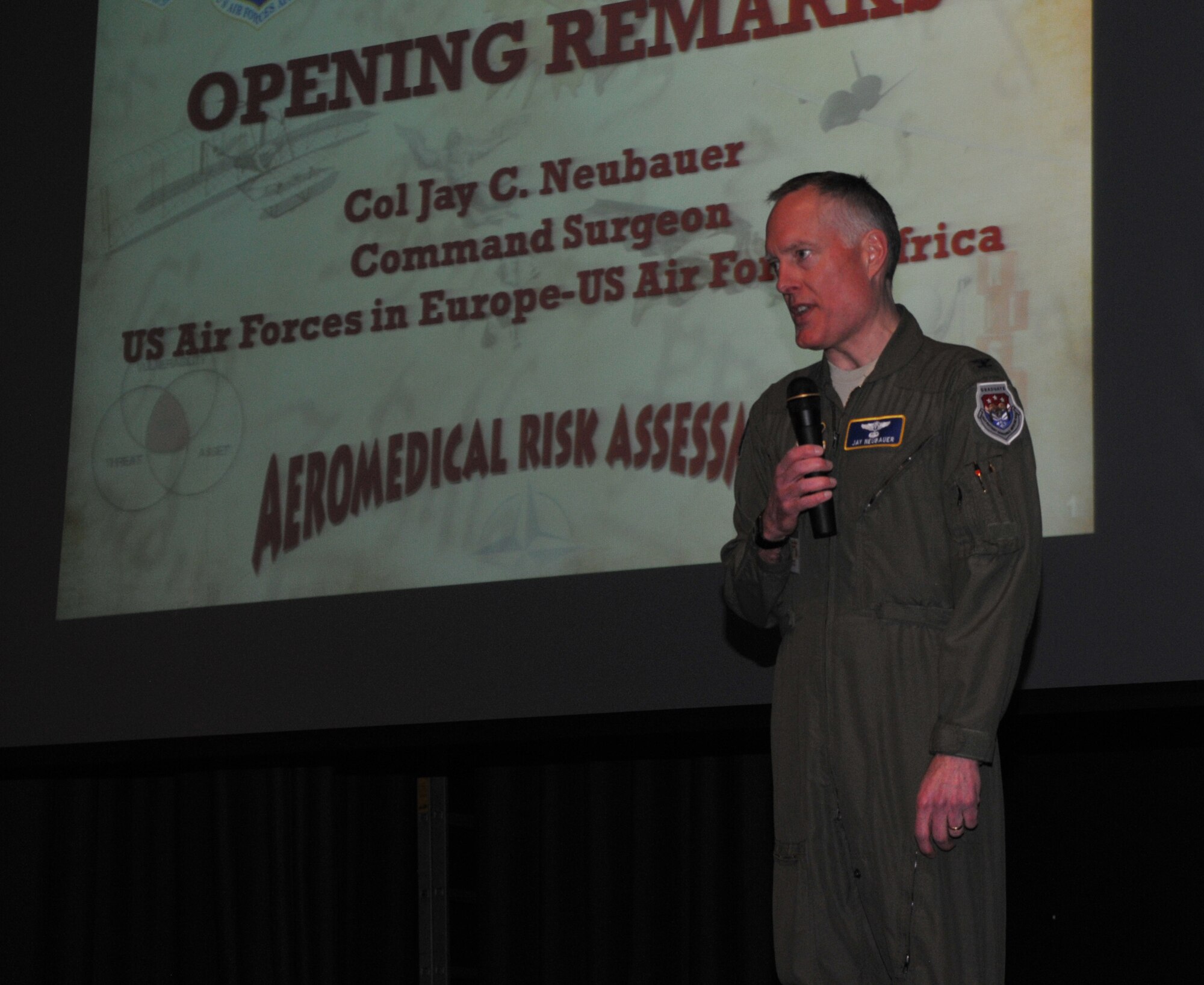 Col. Jay C. Neubauer, U.S. Air Forces in Europe-AIr Forces Africa command surgeon, welcomes nearly 200 medical professionals from 16 nations to the USAFE-AFAFRICA European Flight Surgeons Conference during opening remarks at the Hercules Theater here March 11. The weeklong conference ended March 15 and focused on the aerospace operations mission, building partnerships and advancements in aerospace medicine. Attendees also took part in the NATO Science and Technology Organization Technical Course.  U.S. Air Force Photo By Tech. Sgt. James M. Hodgman