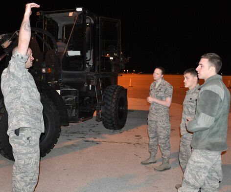 Staff Sgt. Michael Cox (left), 100th Logistics Readiness Squadron, provides 10,000-pound, all-terrain forklift training to 1st Lt. Kelly Myers, and Airmen 1st Class Nathanael Glass and Aaron Hedtke, all from the 100th LRS, at a deployed location in southwest Europe March 14, 2013. Cox is a Tenino, Wash., native; Myers is from Lima, Ohio; Glass is from Coalport, Pa.; and Hedtke is from Appleton, Wis. Airmen and KC-135 Stratotankers from the 100th Air Refueling Wing, RAF Mildenhall, England, deployed to the 351st Expeditionary Air Refueling Squadron Jan. 26, 2013, to support French operations in Mali. (U.S. Air Force photo by Capt. Jason Smith)