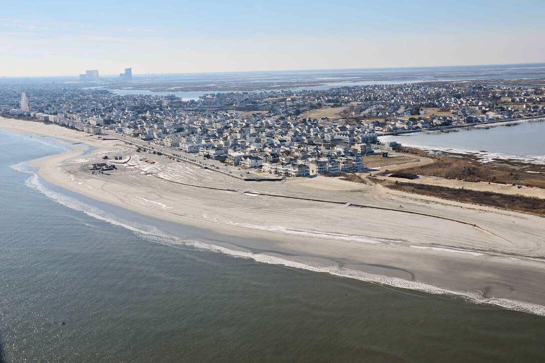 The U.S. Army Corps of Engineers Philadelphia District pumped 667,000 cubic yards of sand onto the beach at Brigantine, NJ. Work was completed in February of 2013 and is designed to reduce damages from coastal storms.