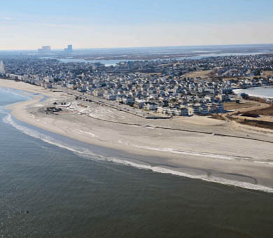 The U.S. Army Corps of Engineers Philadelphia District pumped 667,000 cubic yards of sand onto the beach at Brigantine, NJ. Work was completed in February of 2013 and is designed to reduce damages from coastal storms. 